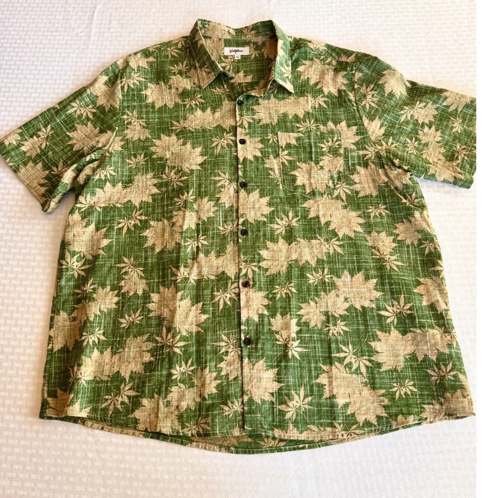 Vatpave Men XXL Green Maple Leaf Tropical Hawaiian Button Down Shirt Slub Cotton